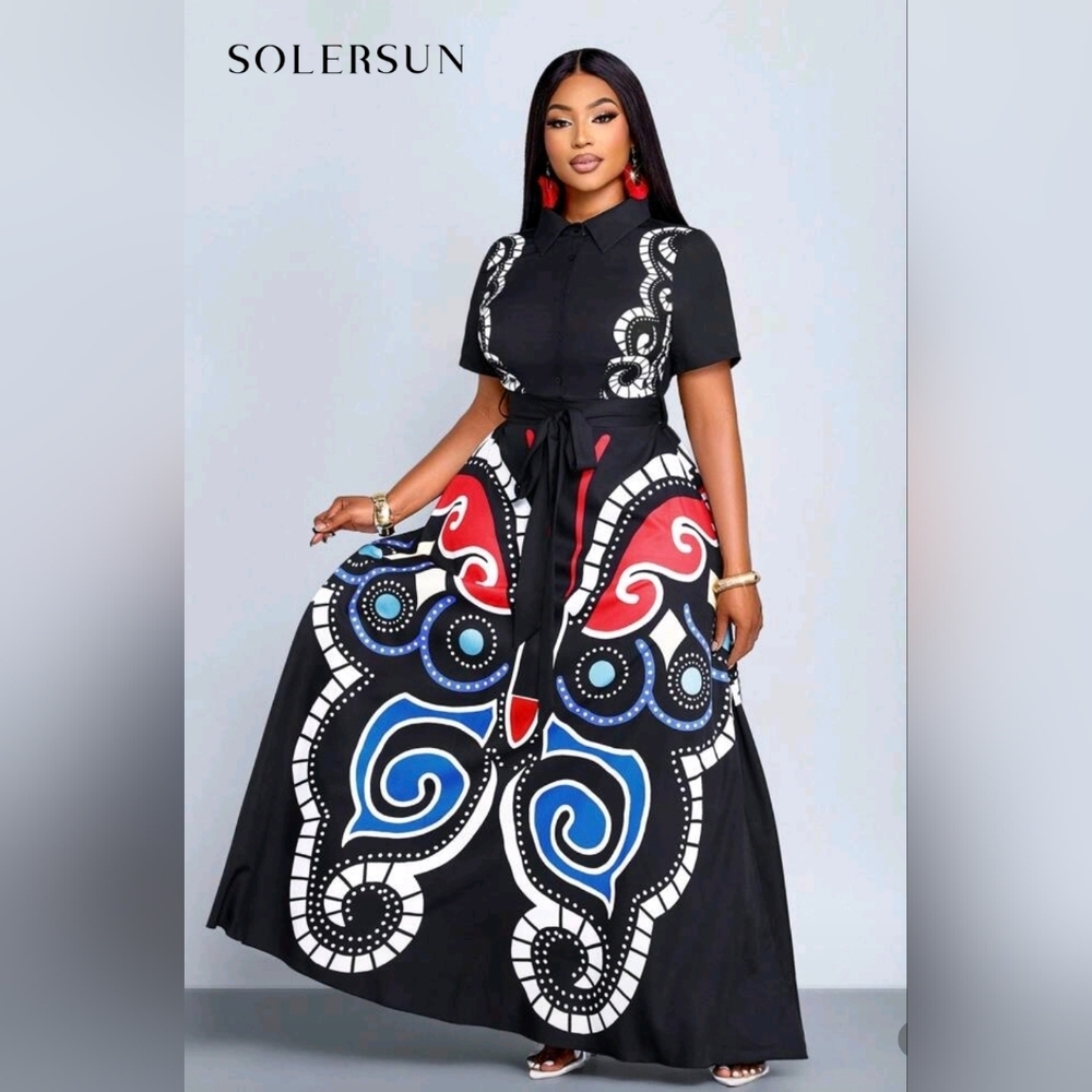 Elegant Navy and Red Graphic Maxi Dress